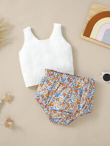 Baby Solid Tank Knit Top & Floral Pattern Shorts - Multicolor - View 5
