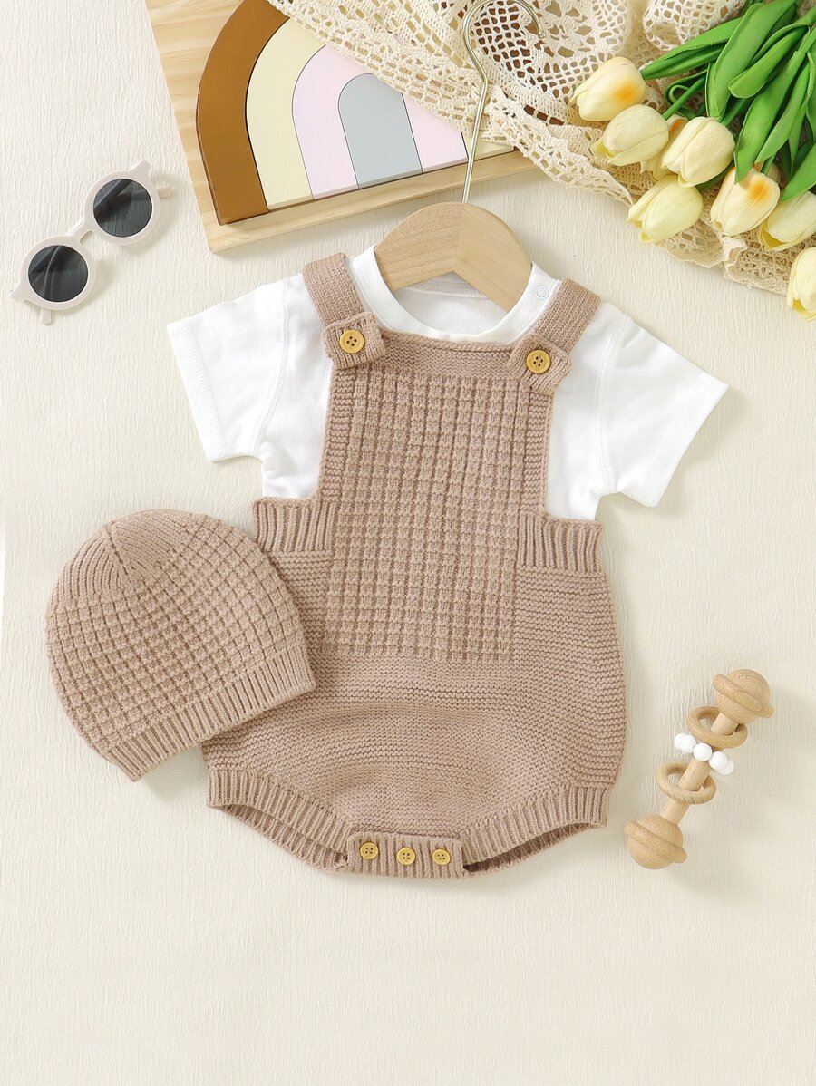 Baby Button Detail Knit Bodysuit & Hat - Khaki - View 1
