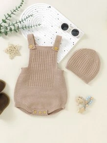 Baby Button Detail Knit Bodysuit & Hat - Khaki - View 5
