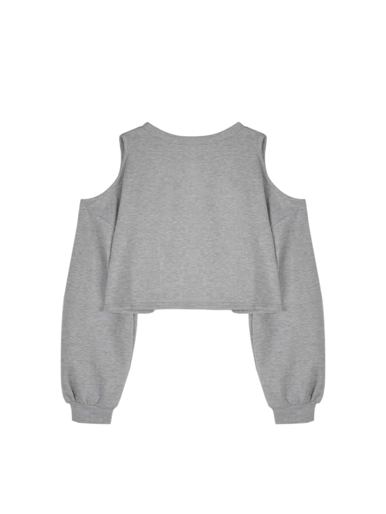 Solid Open Shoulder Crop Pullover - Light Grey - View 2