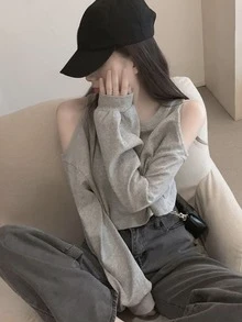 素色露肩短款套頭衫 - 淺灰色 - 查看 4