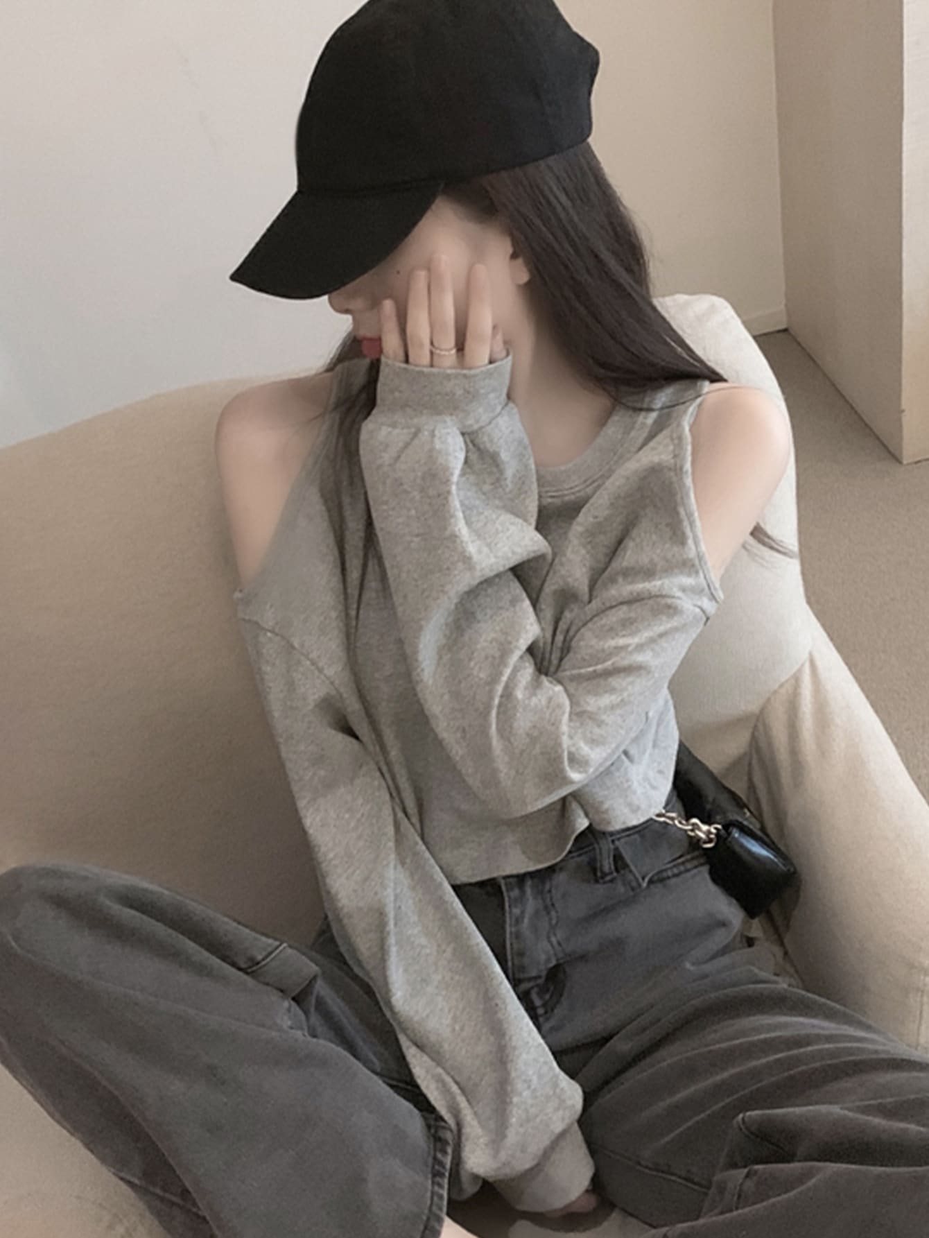 Solid Open Shoulder Crop Pullover - Light Grey - View 4
