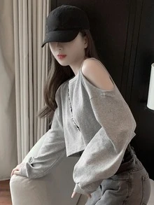 素色露肩短款套頭衫 - 淺灰色 - 查看 5