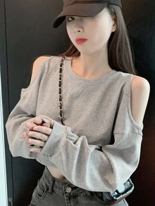 素色露肩短款套頭衫 - 淺灰色 - 查看 6