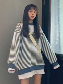 Pullover amplio de rayas 2 en 1 de hombros caídos - Azul y blanco - Ver 1