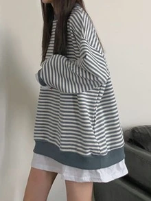 Pullover amplio de rayas 2 en 1 de hombros caídos - Azul y blanco - Ver 4