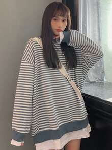 Pullover amplio de rayas 2 en 1 de hombros caídos - Azul y blanco - Ver 5