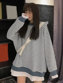 Pullover amplio de rayas 2 en 1 de hombros caídos - Azul y blanco - Ver 6