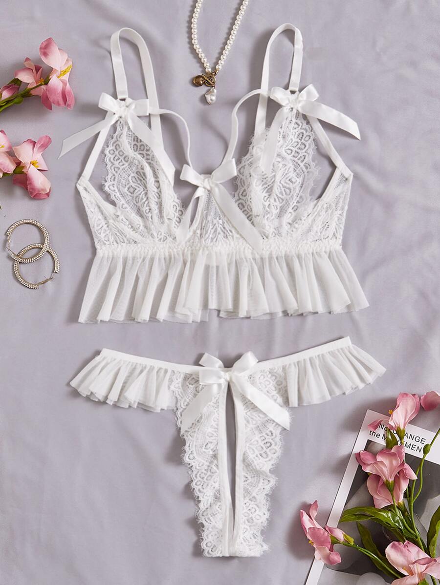 Pure Desire Áo Lót Gọi cảm Kích Thước Lớn Nơ Bướm Xù màu trơn - trắng - Xem 1