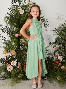 SHEIN Vestido Con Superposición De Gasa Estilo Halter, Con Dobladillo Alto Bajo Y Color Sólido Para Adolescentes - verde menta - Ver 3