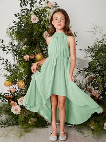 SHEIN Vestido Con Superposición De Gasa Estilo Halter, Con Dobladillo Alto Bajo Y Color Sólido Para Adolescentes - verde menta - Ver 4