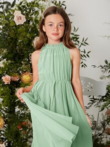 SHEIN Vestido Con Superposición De Gasa Estilo Halter, Con Dobladillo Alto Bajo Y Color Sólido Para Adolescentes - verde menta - Ver 5