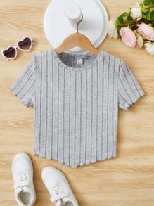 SHEIN 青少年女孩木耳邊頭巾下擺 T恤 - 淺灰色 - 查看 1