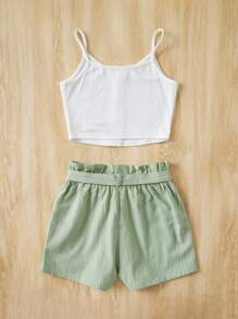SHEIN Teen Girls Button Front Cami Top & Paperbag Waist Belted Shorts Holiday Outfits - Mint Green - View 2