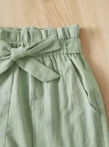 SHEIN Teen Girls Button Front Cami Top & Paperbag Waist Belted Shorts Holiday Outfits - Mint Green - View 4