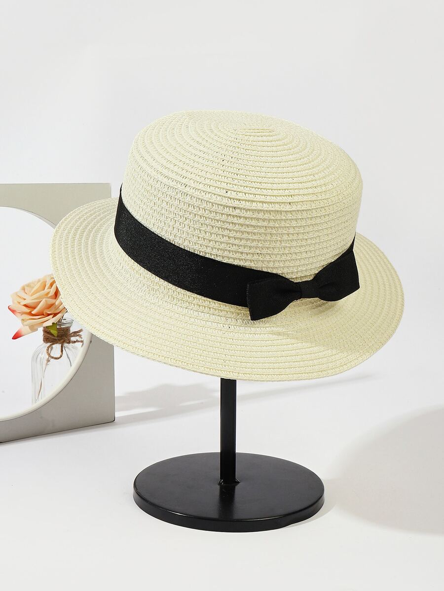 Bow Decor Straw Hat - Beige - View 1