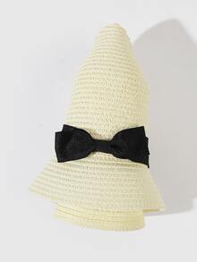 Bow Decor Straw Hat - Beige - View 2