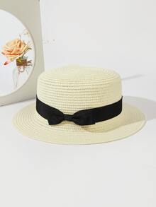 Bow Decor Straw Hat - Beige - View 3