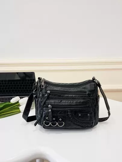 Leisure Retro Mult-Pocket Crossbody Shoulder Bag For Women, Brown PU Punk Portable And Foldable Large Capacity Mom Bag , Goth , Punk