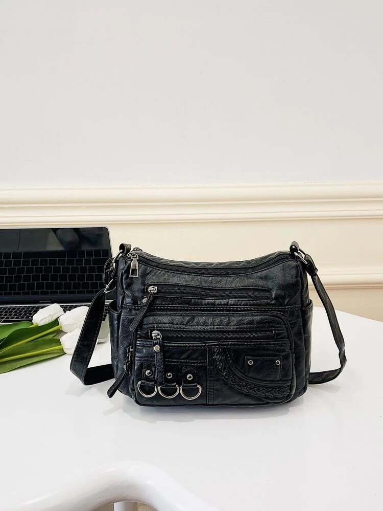 Leisure Retro Mult-Pocket Crossbody Shoulder Bag For Women, Brown PU Punk Portable And Foldable Large Capacity Mom Bag , Goth , Punk