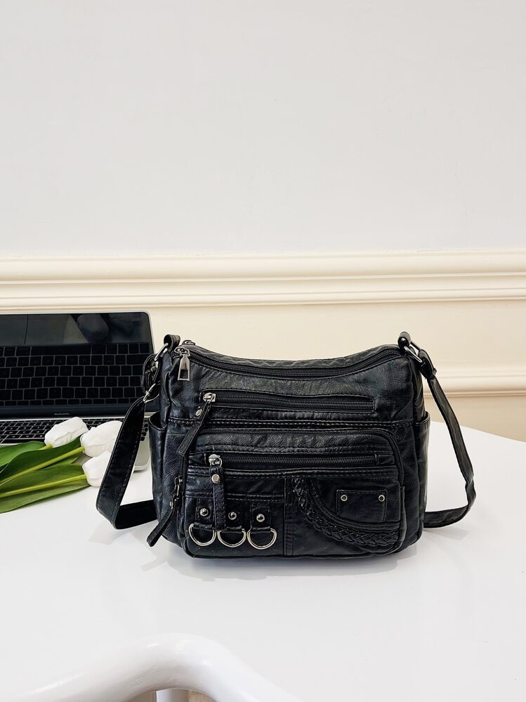 Leisure Retro Mult-Pocket Crossbody Shoulder Bag For Women, Brown PU Punk Portable And Foldable Large Capacity Mom Bag , Goth , Punk - Black - View 1