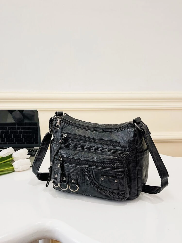 Leisure Retro Mult-Pocket Crossbody Shoulder Bag For Women, Brown PU Punk Portable And Foldable Large Capacity Mom Bag , Goth , Punk