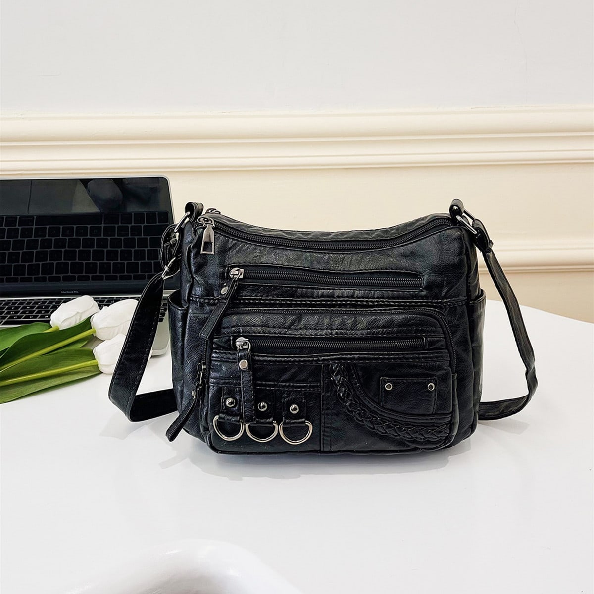 Bolso bandolera retro con múltiples bolsillos para mujer, marrón PU punk, portátil y plegable con gran capacidad para llevar todo lo que necesita u