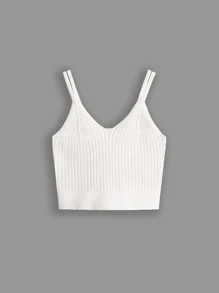 SHEIN 青少年女孩實色肋織上衣 - 白色 - 查看 1
