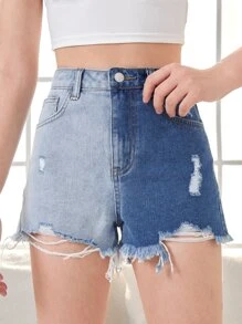 SHEIN Teen Girls Ripped Raw Hem Colourblock Denim Shorts - Blue - View 1