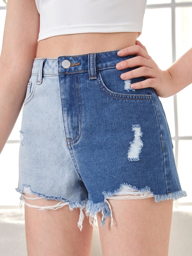 SHEIN Teen Girls Ripped Raw Hem Colorblock Denim Shorts - Blue - View 5