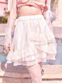 ROMWE Váy nữ Viên lá sen phân lớp màu trơn Giải trí - Màu be - Xem 1