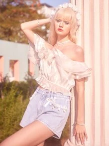 ROMWE Ruffle Trim Off Shoulder Crop Top - Beige - View 2