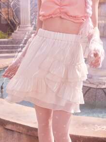 ROMWE Váy nữ Viên lá sen phân lớp màu trơn Giải trí - Màu be - Xem 3