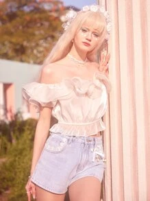 ROMWE Ruffle Trim Off Shoulder Crop Top - Beige - View 3