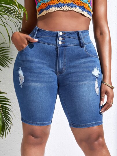 SHEIN SXY Plus High Waist Ripped Denim Shorts