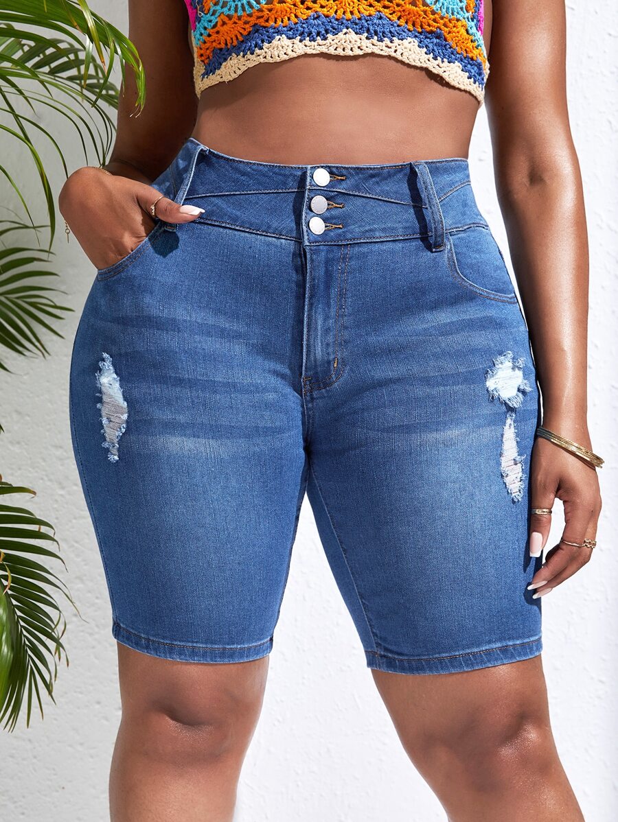 SHEIN SXY Plus High Waist Ripped Denim Shorts - Medium Wash - View 1