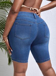 SHEIN SXY Plus High Waist Ripped Denim Shorts - Medium Wash - View 4