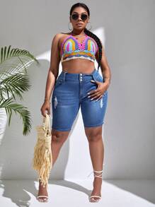 SHEIN SXY Plus High Waist Ripped Denim Shorts - Medium Wash - View 2