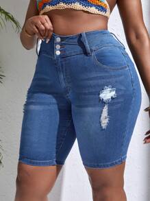 SHEIN SXY Plus High Waist Ripped Denim Shorts - Medium Wash - View 3