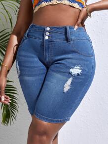 SHEIN SXY Plus High Waist Ripped Denim Shorts - Medium Wash - View 5