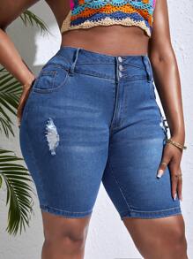 SHEIN SXY Plus High Waist Ripped Denim Shorts - Medium Wash - View 6