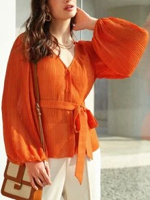 BizChic Lantern Sleeve Belted Blouse