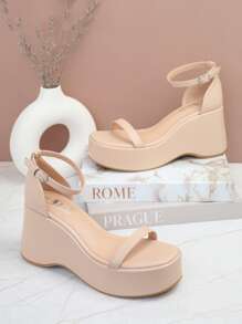 Giày bệt dày và Dép nêm Nữ Khóa màu trơn Dây đeo mắt cá chân Thanh lịch Đúng mốt - Màu be - Xem 2