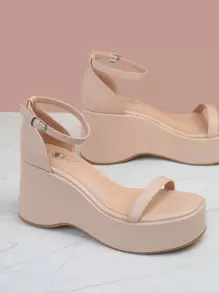 Giày bệt dày và Dép nêm Nữ Khóa màu trơn Dây đeo mắt cá chân Thanh lịch Đúng mốt - Màu be - Xem 4