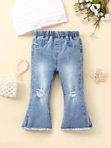 SHEIN 嬰兒破洞毛邊牛仔喇叭褲 - 淺色水洗藍 - 查看 1