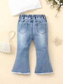 SHEIN 嬰兒破洞毛邊牛仔喇叭褲 - 淺色水洗藍 - 查看 2
