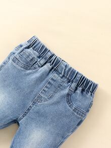 SHEIN 嬰兒破洞毛邊牛仔喇叭褲 - 淺色水洗藍 - 查看 5