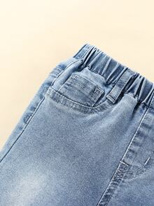 SHEIN 嬰兒破洞毛邊牛仔喇叭褲 - 淺色水洗藍 - 查看 6