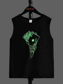 SHEIN Boys Reflective Skeleton Hand & Playing Card Print Tank Top - Black - View 1