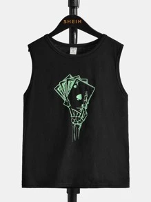 SHEIN Boys Reflective Skeleton Hand & Playing Card Print Tank Top - Black - View 3
